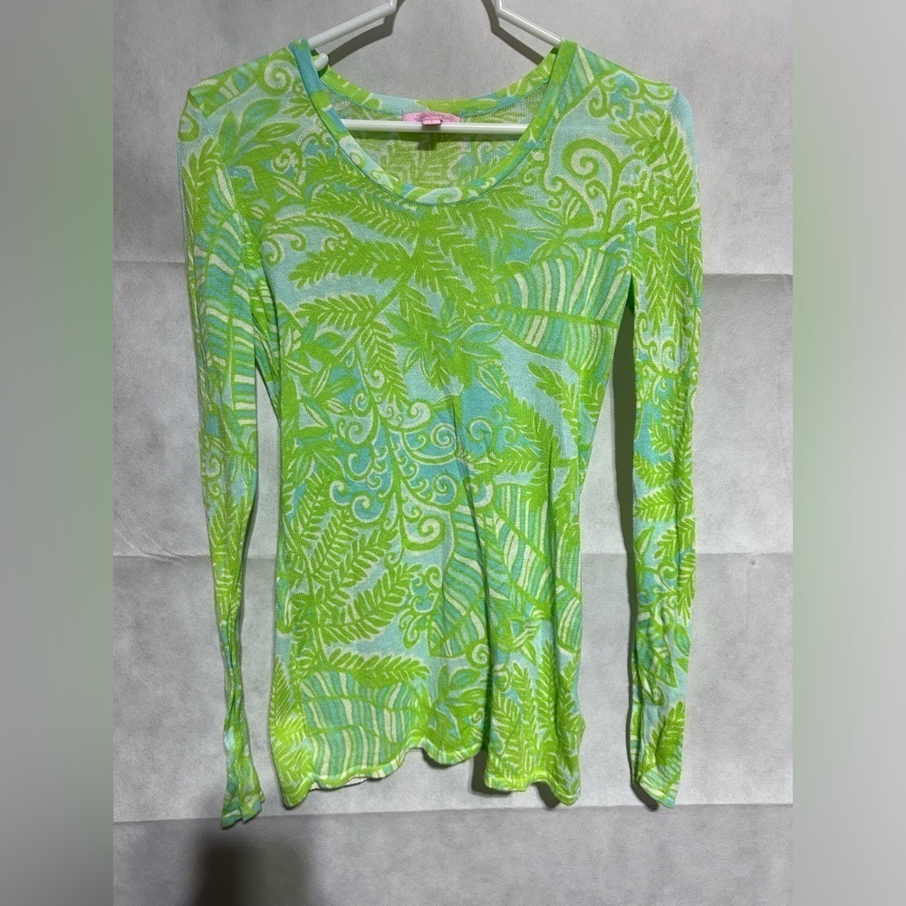 Lilly Pulitzer Green Tropical Sheer Long Sleeve Sweater Women’s Sz Small Beach